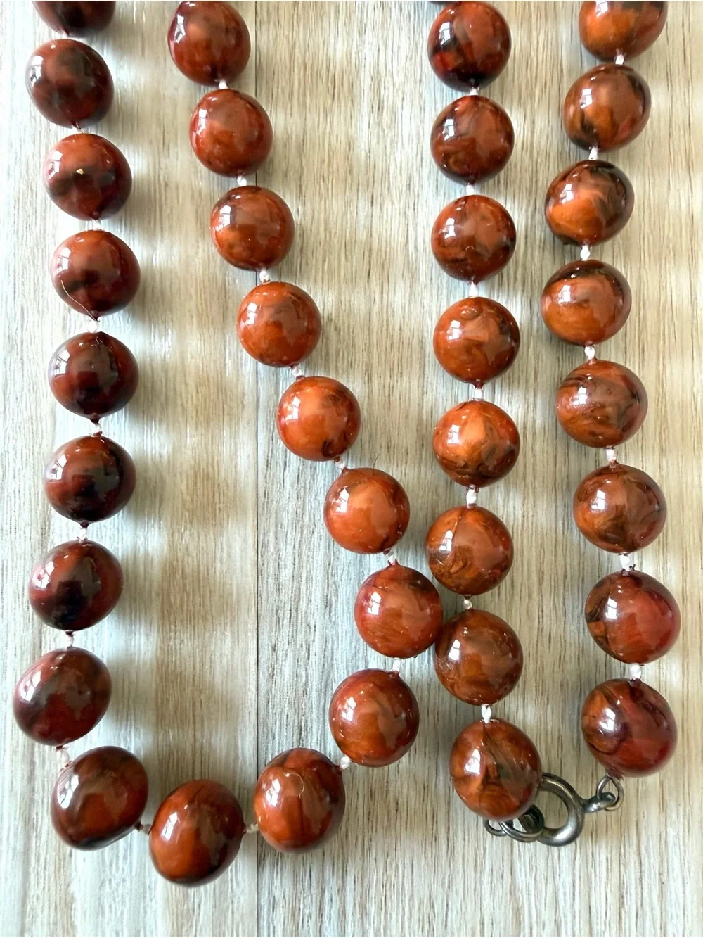 Vintage Brown Marbled Bead Necklace Knotted Faux Mahogany Obsidian Mid Century